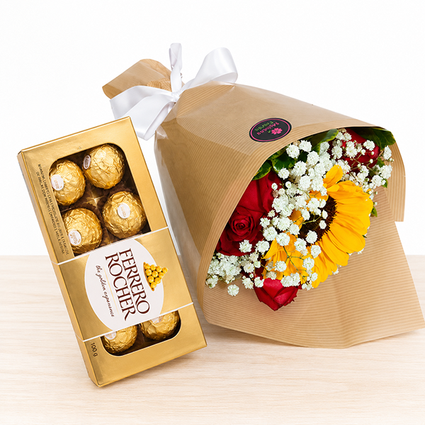 Buqu� de Rosas com Girassol e Ferrero
