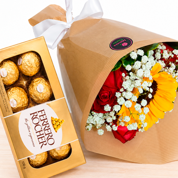 Buqu� de Rosas com Girassol e Ferrero