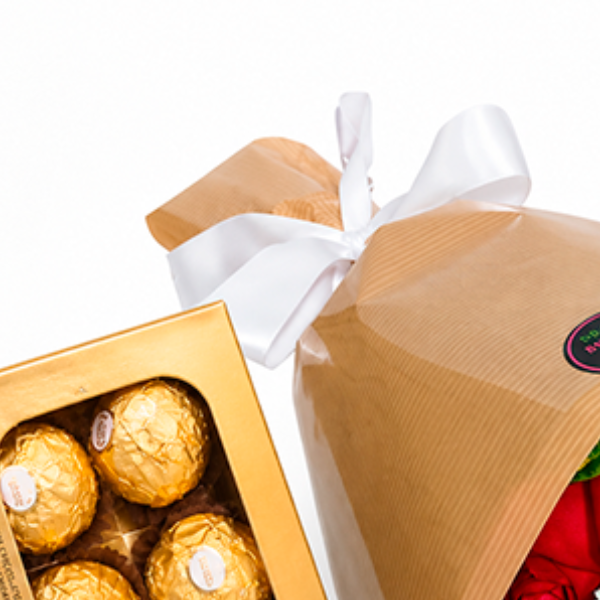 Buqu� de Rosas com Girassol e Ferrero